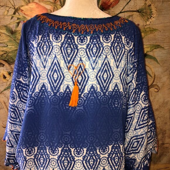 Sz M Kalypso 7 Blue & White Ombre Print Beach Coverup with Orange Embroi… - Picture 15 of 17